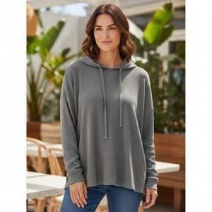 Eileen Fisher Grey Ribbed Tencel Organic Cotton‎ Hooded Sweatshirt Womens Small